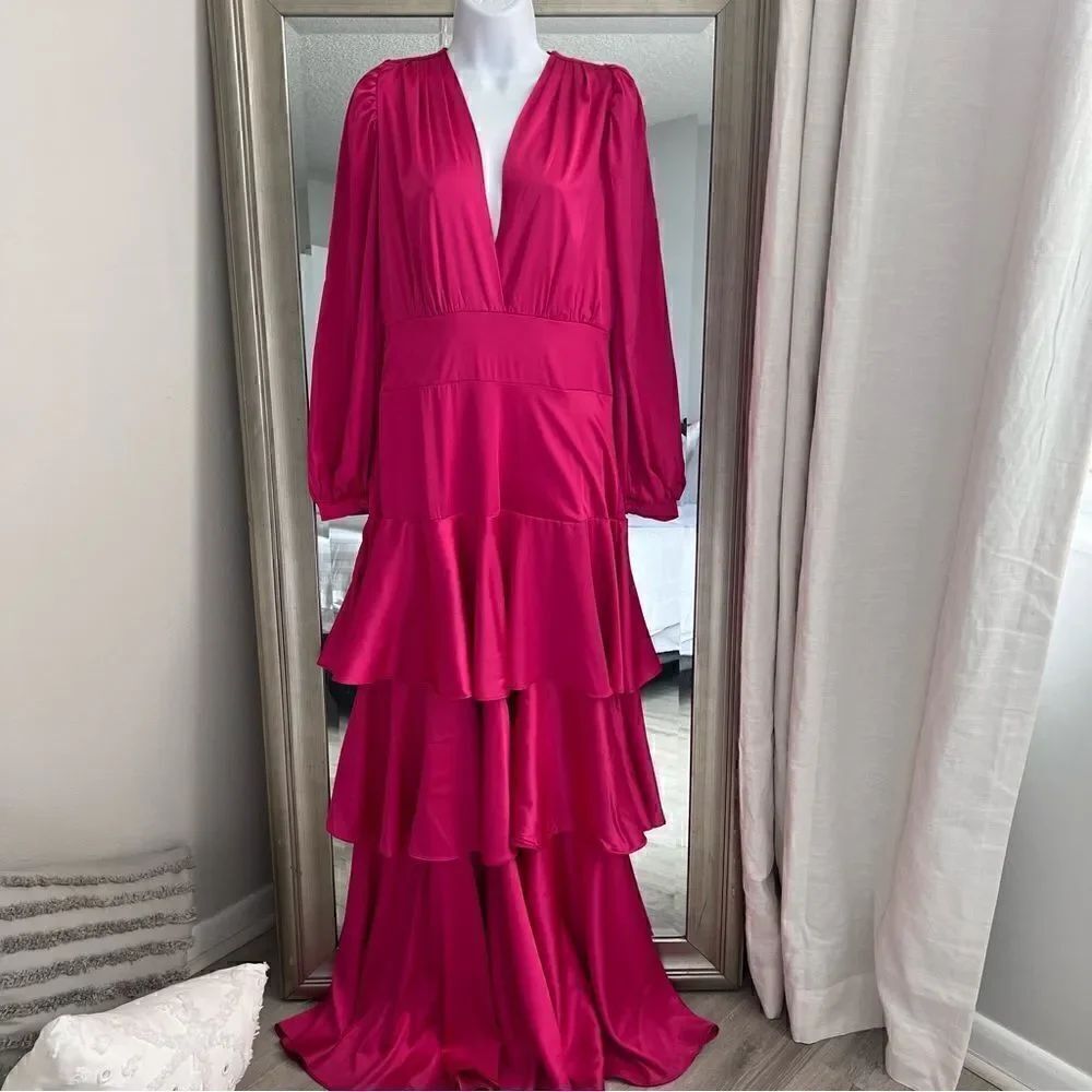 ORIANA RIVERA Maxi Dress In Asymmetric Ruffled Silk-satin Fuchsia Color Size M.